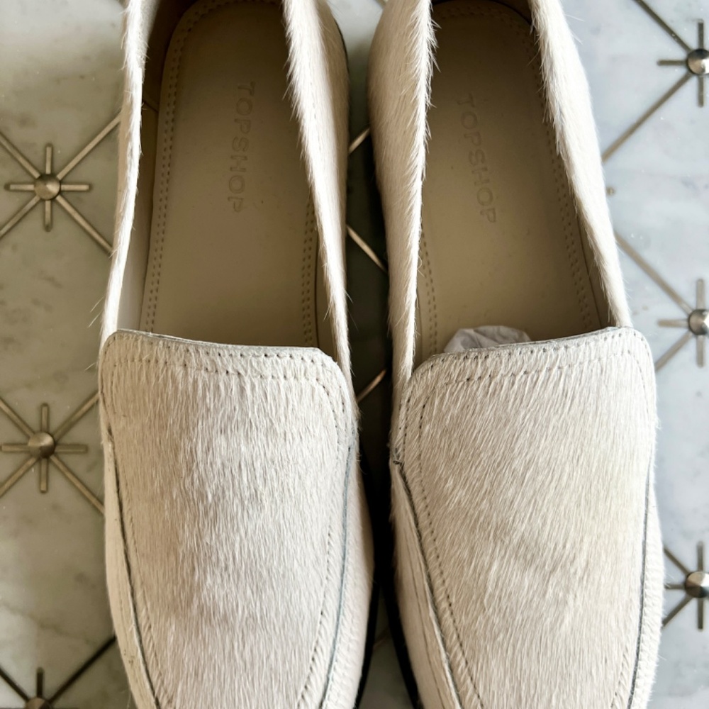 Topshop Corrie Genuine Leather Off-White Ponyhair Loafers-Sz 10 (NEW)